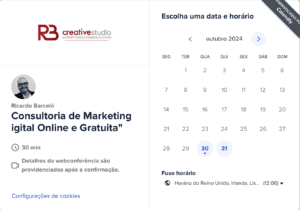 Calendário de marcação de consultoria gratuita de marketing digital com Ricardo Barceló, oferecido pela RB Creative Studio.