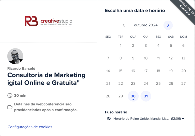 Calendário de marcação de consultoria gratuita de marketing digital com Ricardo Barceló, oferecido pela RB Creative Studio.