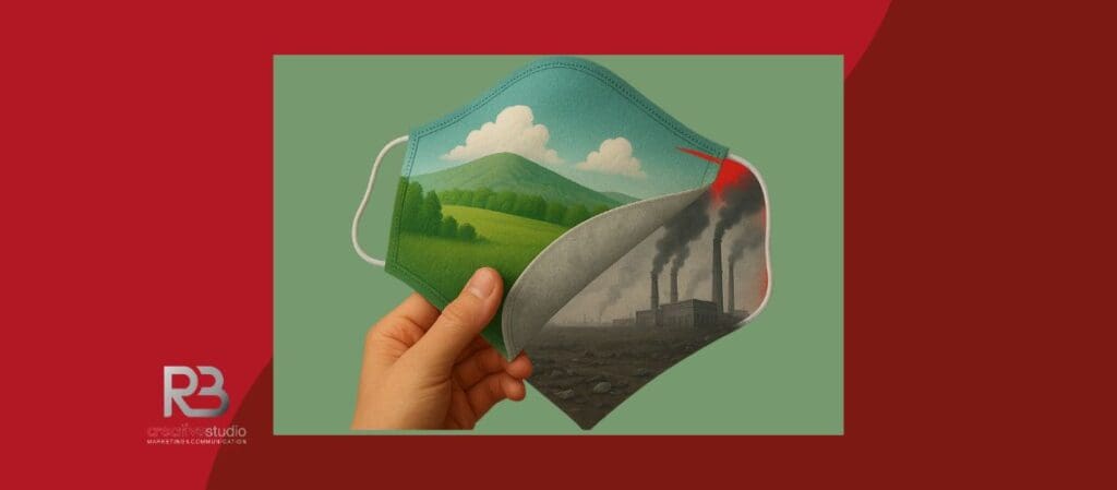 Máscara que esconde poluição atrás de uma paisagem verde, simbolizando o greenwashing nas empresas.
