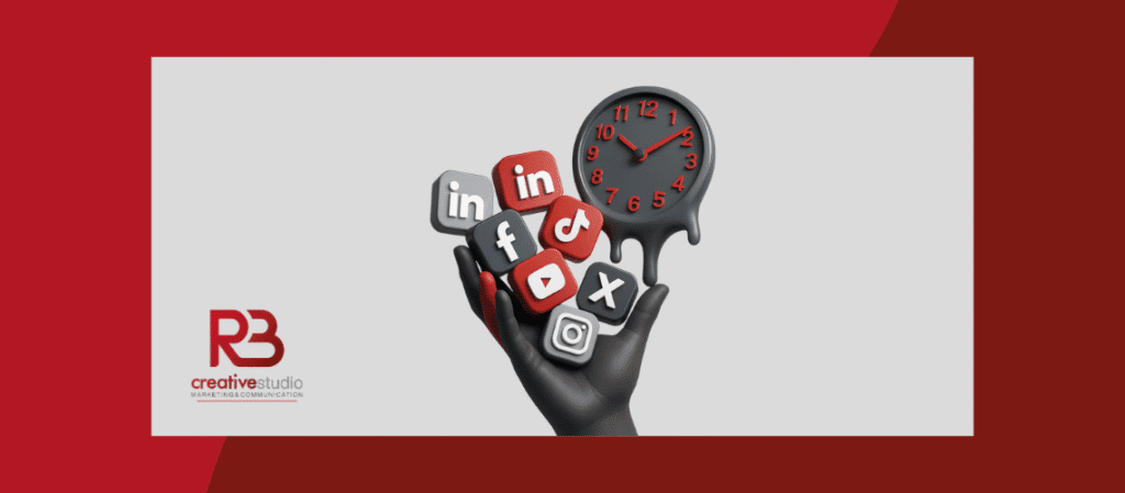 Imagem conceptual de gestão de redes sociais em 2025, com ícones de redes sociais e relógio a derreter, ilustrando o peso invisível de gestores e clientes.