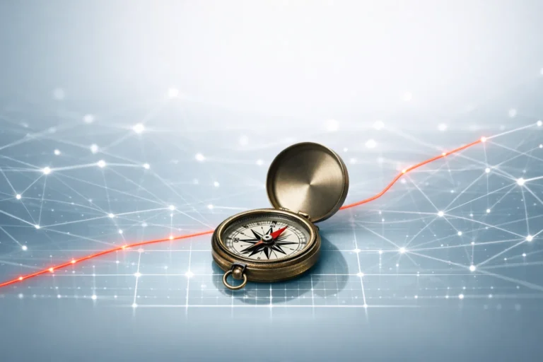 Crescimento digital para pequenas empresas: os 5 erros que impedem bons resultados 3 Bússola sobre gráfico ascendente simbolizando crescimento digital sustentável