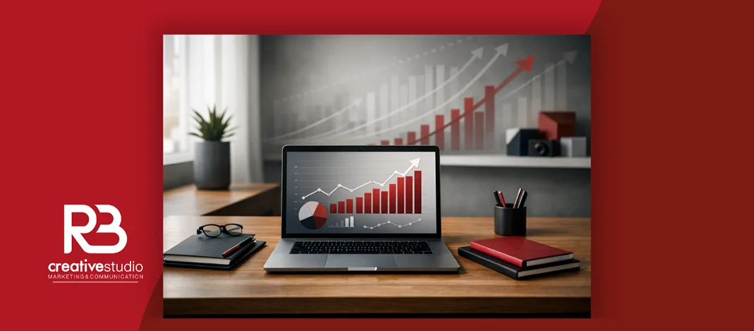 Crescimento digital representado por gráficos de desempenho e análise de métricas num portátil