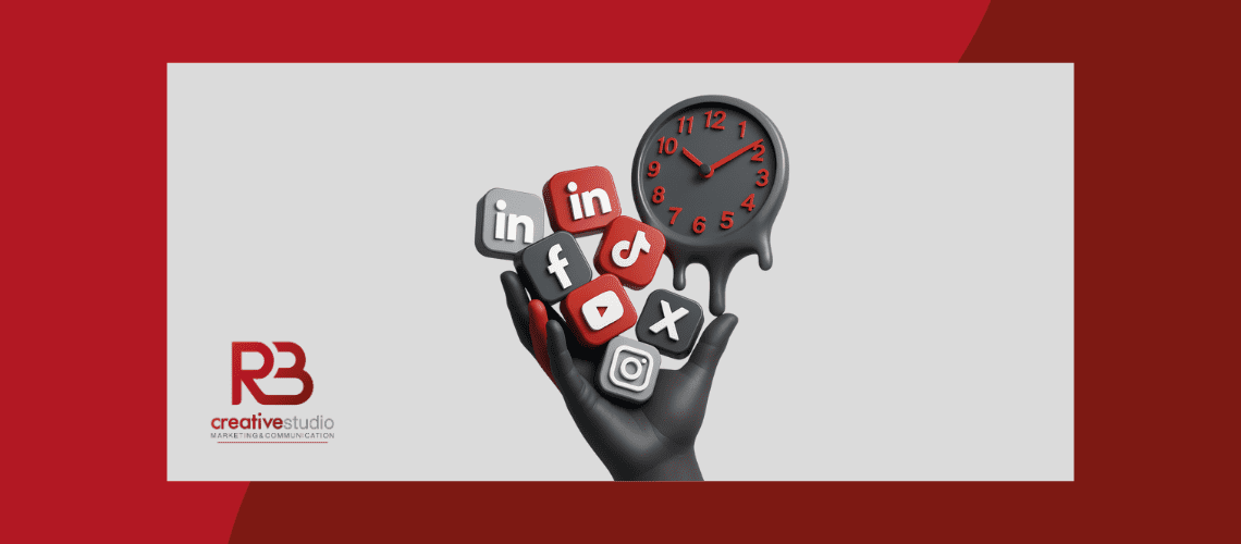 Imagem conceptual de gestão de redes sociais em 2025, com ícones de redes sociais e relógio a derreter, ilustrando o peso invisível de gestores e clientes.